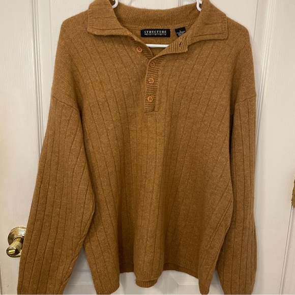 STRUCTURE Vintage light brown wool collared sweater with button size large - Picture 2 of 5